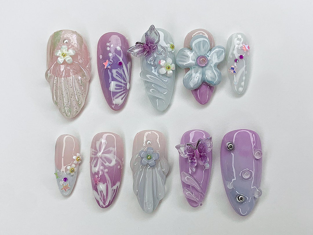 Dreamy Colorful Press on Nails Summer Vibes With 3D Flower