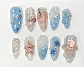 Jelly Sparkling Press On Nails | Dreamy Blue & Pink Nail Set | Acubi-Style Nail | Y2K Inspiration Nail Set| Eye-catching Almond Nails|JC281A