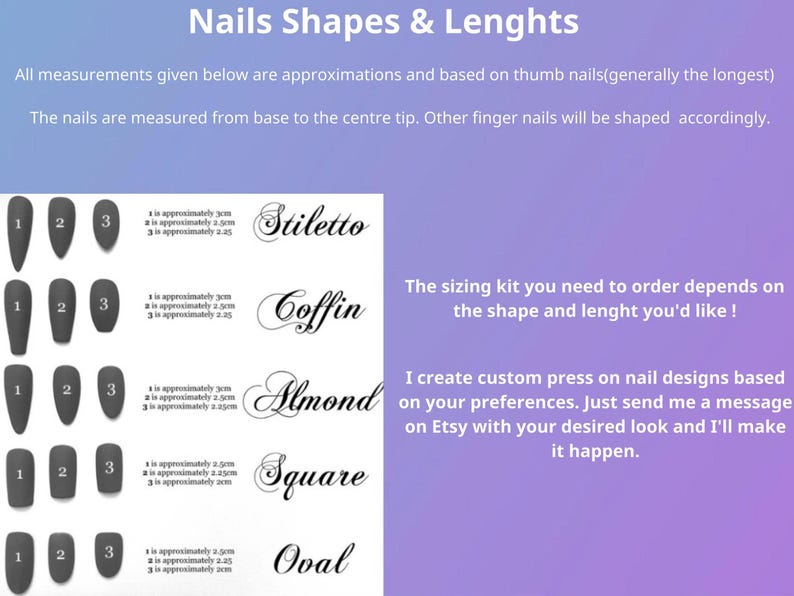 Puede incluir: Una gu&iacute;a de formas y longitudes de u&ntilde;as con cinco estilos: Stiletto, Coffin, Almond, Square y Oval. Cada estilo muestra tres tama&ntilde;os numerados con medidas en cent&iacute;metros. El texto proporciona instrucciones para pedir juegos de u&ntilde;as a medida.