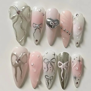 Bow Pink Press On Nails | Y2K-inspired Short Long Stiletto Nail Set | Elagant Nail Art with Y2K Degisns | Bow Fake Nails | Cute Nails |JC38
