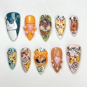 Unghie finte con gattini dei cartoni animati stravaganti / Zampa di gatto 3D e facce di animali / Unghie finte con simpatici animali dei cartoni animati / Set di unghie kawaii fatte a mano / JB953HC