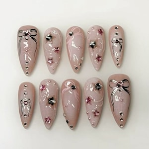 Uñas postizas Sparkling Stars / Juego de uñas Dreamy Pink / Uñas estilo Acubi / Juego de uñas con inspiración Y2K / Uñas almendradas llamativas / JC290S