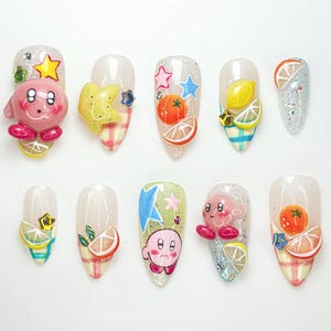 Kirby Pink Cute Press On Nails | 3D Kirby & Citrus Nail Art | Colorful Kawaii Press Ons | Handmade Cute Cartoon Nail Set | JB124HC