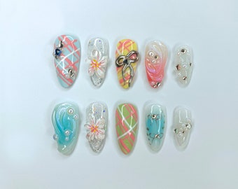 Pastel Floral Press On Nails | Handcrafted Press On Nails with Elegant Bow and Flower Designs | Perfect for Spring and Summer | JC306SL