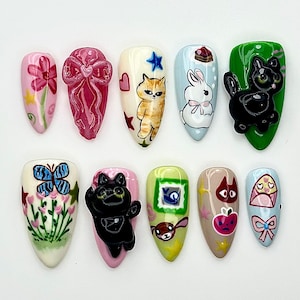 Animal Lover Press On Nails | Handmade Kawaii Nail Art |  Cute Cat Bunny & Flower Nail Set | Colorful Set | Handmade Press Ons | JB902EC
