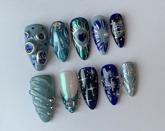 Acubi-Style Press On Nails | Deep Blue Ombre | 3D Freestyle Handpainted Nail Set | Sparkling Gemstone | Acrylic Nails | Fake Nails | J119