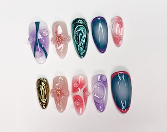 Vibrant 3D Press On Nails | Handcrafted Press On Nails with Floral and Abstract Designs | Perfect for Any Occasion | JC321SL
