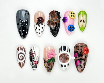 Catcore Coffee Press On Nails | Polka Dots & Animal Print Nail Art | Cute Cafe Ladybug Nails | Handmade 3D Vintage Chic Nail Set | JB884HC