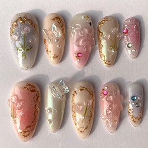 Dreamy Flowers Press On Nails Almond | Jelly Pastel Tulip Nail Art | 3D FairyCore Flower Press Ons | Romantic Nail Art in Fake Nails |JB176S