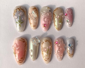 Dreamy Flowers Press On Nails Almond | Jelly Pastel Tulip Nail Art | 3D FairyCore Flower Press Ons | Romantic Nail Art in Fake Nails |JB176S