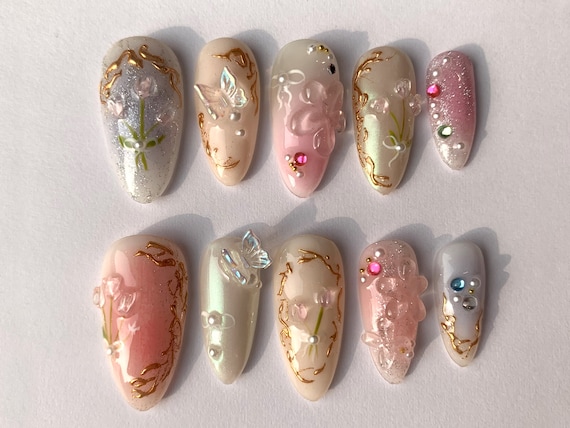 夢のような花の押し爪アーモンド | ジェリーパステルチューリップ