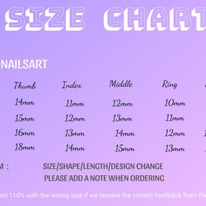 Peut inclure: Un tableau des tailles pour des ongles en gel personnalis&eacute;s, indiquant les mesures en millim&egrave;tres pour chaque doigt&nbsp;: pouce, index, majeur, annulaire et auriculaire. Le tableau comprend les tailles XS, S, M et L, ainsi qu&rsquo;une option personnalis&eacute;e. Le texte "SIZE/SHAPE/LENGTH/DESIGN CHANGE PLEASE ADD A NOTE WHEN ORDERING" est inclus.