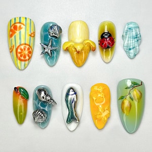 Summer Vibes Press-On Nails | Tropical Summer Nail Art | Marine-Inspired Nail Set | Handmade Lemon & Orange Nail Set | JB695HK