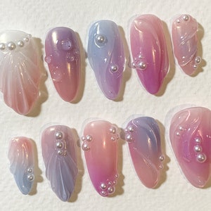 Aurora Mermaid Press On Nails | Custom Pastel Ombre Colorful Nail Set | Ocean Nail Art | 3D Pearl Design for Special Occasions | JC386A