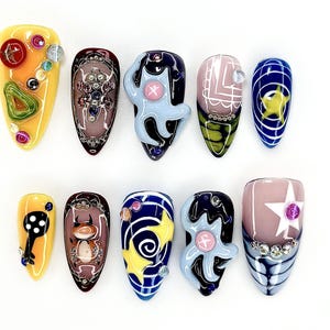 3D-cartoon pers op nagels | Op Y2K geïnspireerde nailart | Ontwerp met schattige kat en ster | Handgemaakte kleurrijke nagels | JB900