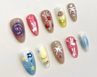 Creative Press On Nails: Artistic Set with Various Colors | Bunnies, Fruits, Sparkling Stars & Glitter | Cartoon Nail Set | Easter Nails|J14