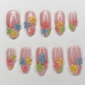 Dreamy Press On Nails Almond | Jelly Pastel Blossom Nail Art | 3D FairyCore Tiny Flower Press Ons | Romantic Nail Art in Fake Nails | JC365A