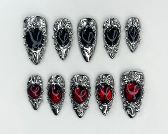 Gothic Gemstone Press On Nails | Black Red Medieval Nail Art | Dark Elegance Press Ons | Antique Silver Frame Nails | Gothic Style | JC830HC