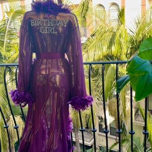 May include: Purple sheer robe with feather trim and the text "Birthday Girl" in rhinestones.