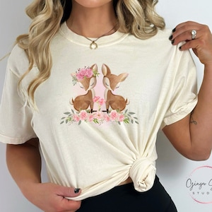 Cute Baby Deer T-Shirt, Deer Lover Gift For Her, Cottagecore Nature Forest Shirt Apparel, Forestcore Fawn Shirt, Pink Watercolor Floral Tee