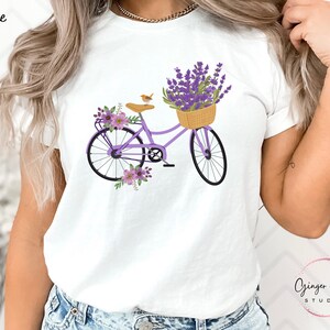 Purple lavender floral t-shirt for women, cottage core flower bike shirt, garden lover gift for her, flower market botanical graphic tshirt