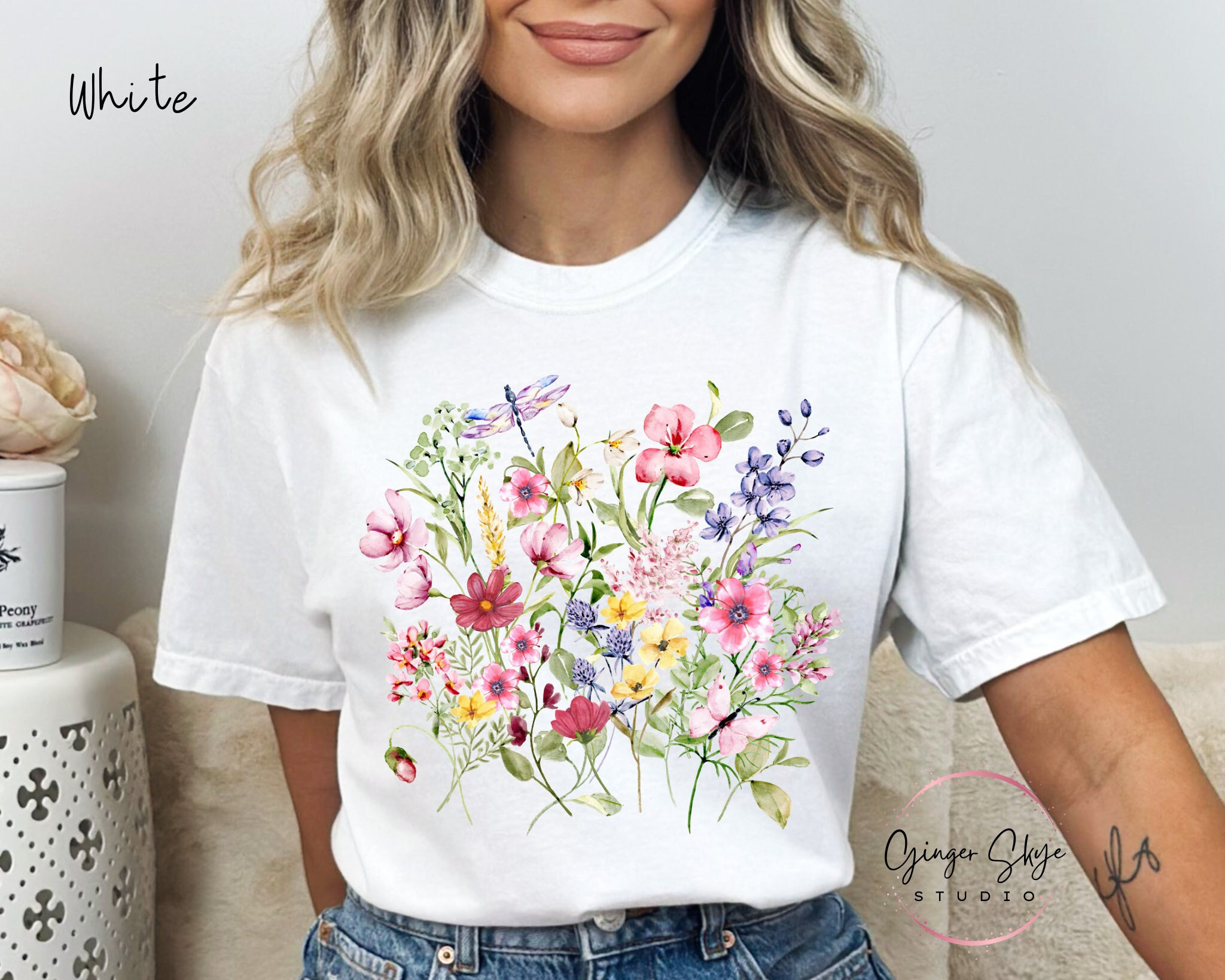 Womens Wildflower Tshirt, Pink Flowers T-shirt, Floral