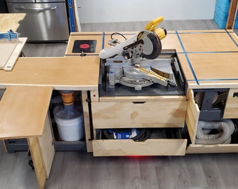 PDF Multitool Mobile Workbench Plans | Miter Saw Flip Top | Table Saw Sliding shelf | Router Table | Jointer sliding shelf | DeWalt | Kreg |