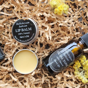 Confezione regalo, prodotti bio-organici 100% naturali, acqua tonica idrolato di elicriso italiano, olio puro di elicriso italiano, balsamo per labbra