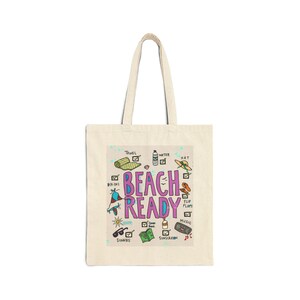 Beach Day Canvas Tote Bag, Summer Tote, Fun Beach Illustrations Bag, Cartoon Tote, Vacation Tote Bag, Beach Essentials Tote