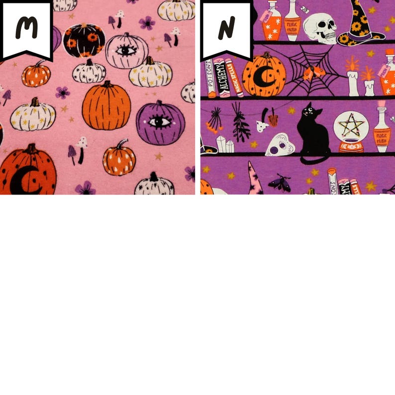 May include: Two fabric swatches with Halloween-themed patterns. One features pumpkins, mushrooms, and flowers on a pink background. The other has a purple background with a black cat, spiderwebs, and potion bottles.