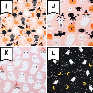 May include: Four fabric swatches with Halloween-themed patterns. Designs include ghosts, cats, bats, pumpkins, witches, and skeletons. Colors are pink, black, and orange. Ideal for crafting or seasonal decor.