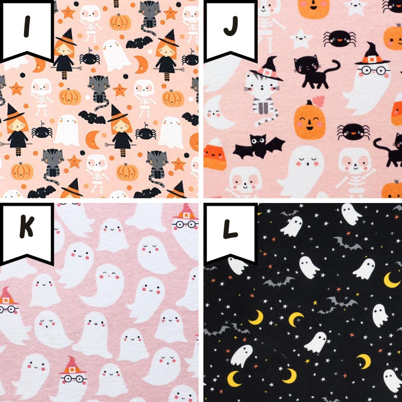 May include: Four fabric swatches with Halloween-themed patterns. Designs include ghosts, cats, bats, pumpkins, witches, and skeletons. Colors are pink, black, and orange. Ideal for crafting or seasonal decor.