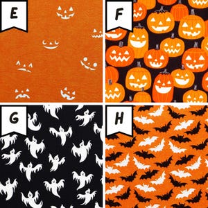 May include: Four Halloween-themed fabric patterns. Top left: Orange fabric with white jack-o'-lantern faces. Top right: Black fabric with orange jack-o'-lanterns. Bottom left: Black fabric with white ghosts. Bottom right: Orange fabric with white bats.