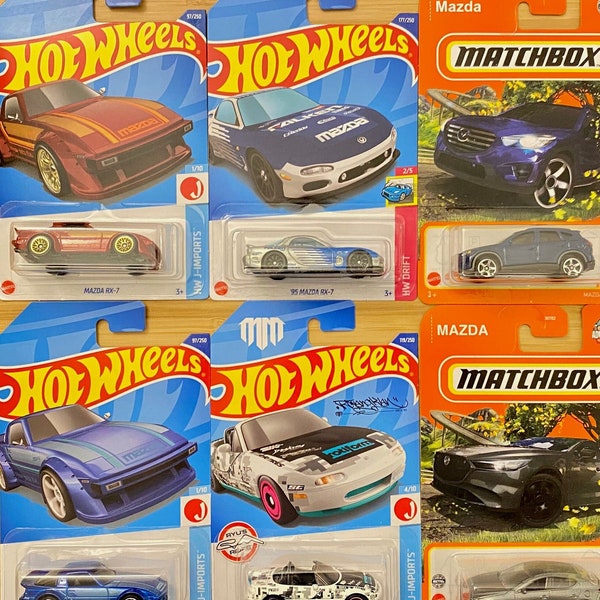 6 MAZDA Cars Set • MazdaRX-7 red • MazdaRX-7 blue • 2019 Mazda 3 • CX-5 • ’95  Rx-7 • ’91 Mx-5 Miata made by Hot Wheels and Matchbox