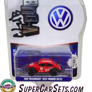 May include: A red 1950 Volkswagen Split Window Beetle diecast model car with a Texaco logo and the number 24 on the side. The car is on a blue background with white splatters of paint. The packaging is clear plastic and has the Greenlight Collectibles logo.