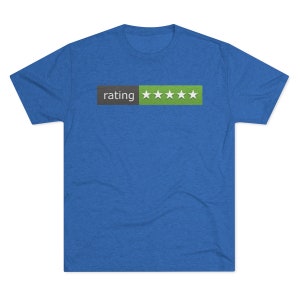 Peut inclure: Un t-shirt bleu avec une barre verte et grise qui dit "rating" et qui a cinq étoiles blanches.