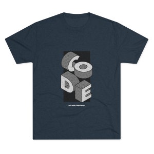 Peut inclure: Un t-shirt bleu marine avec un motif blanc représentant le mot "CODE" en style 3D. Le texte "EAT, SLEEP, CODE, REPEAT" est imprimé sous le motif.