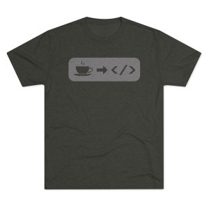 Può includere: T-shirt grigio scuro melange con una grafica di una tazza di caffè e una freccia che punta al testo "</>".