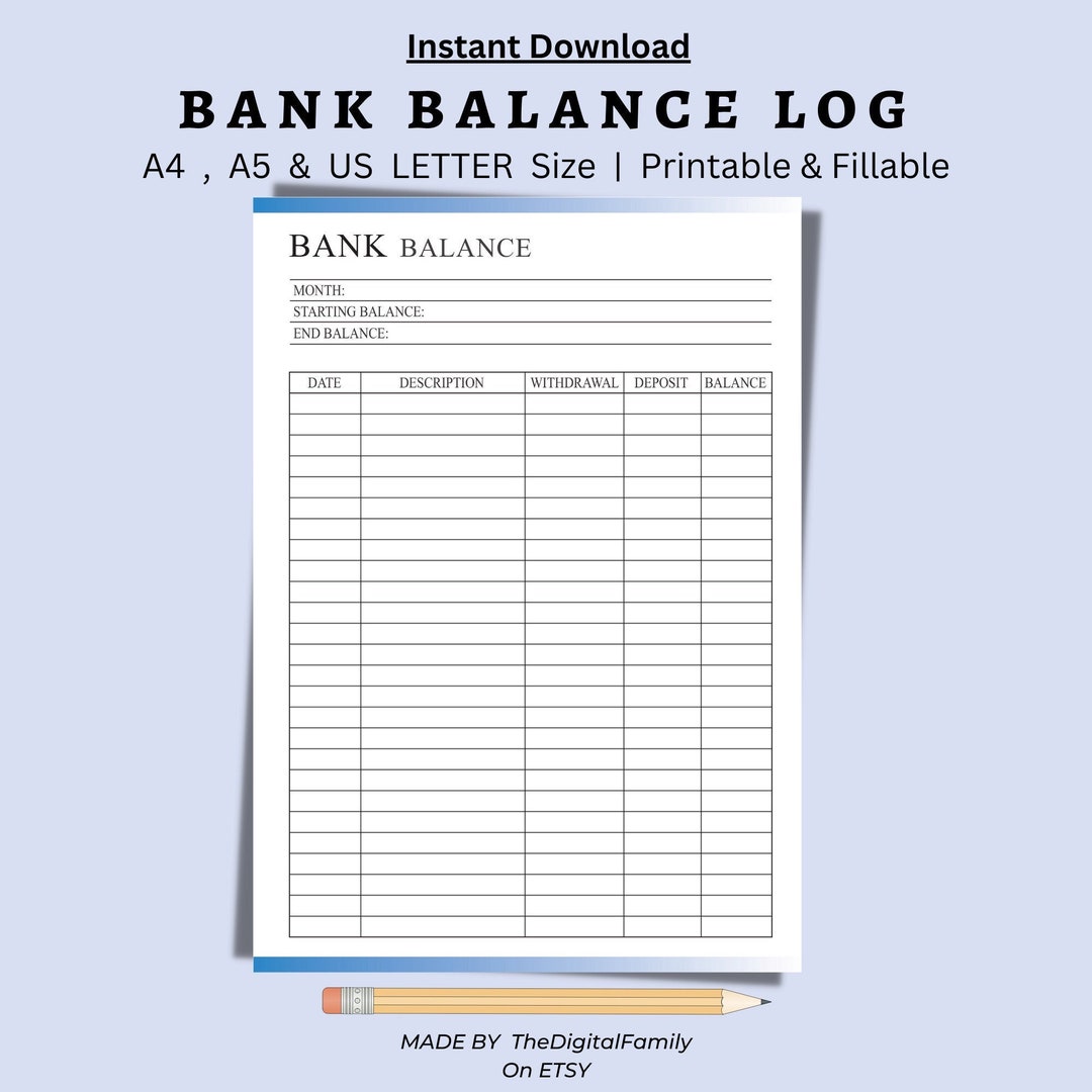 Bank Balance Log Printable Template Spending Tracker Saving - Etsy ...
