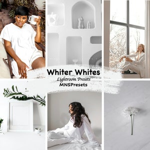 Puede incluir: Un collage de imágenes con interiores blancos y personas vestidas de blanco. Las imágenes están dispuestas en una cuadrícula y incluyen a una mujer sentada en una silla, una mujer de pie en una ventana, una mujer sentada en una cama y una flor blanca sobre una superficie blanca. El texto "Whiter Whites Lightroom Presets MNSPresents" se muestra en el centro del collage.