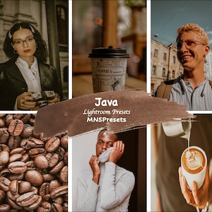 Puede incluir: Un collage de imágenes con una taza de café, granos de café y personas con ropa informal. El texto "Java Lightroom Presets MNSPresets" se muestra sobre un fondo marrón.