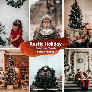 Könnte beinhalten: Eine Sammlung von rustikalen Lightroom-Voreinstellungen für die Weihnachtszeit, betitelt "Rustic Holiday" mit dem Markennamen "MNSPresets". Die Voreinstellungen werden in einer Collage von Bildern gezeigt, die verschiedene Weihnachtsszenen zeigen, darunter ein Kind in einem roten Kleid, eine Frau, die Schnee bläst, einen Weihnachtsbaum, einen Zug und einen Mann in einem Weihnachtsmannkostüm.