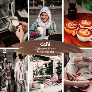 Op de afbeelding: Een collage van afbeeldingen die een café-sfeer laten zien. De afbeelding linksboven toont een barista die melk in een kan giet. De afbeelding in het midden boven toont een vrouw met een hoofddoek die lacht en een kop koffie vasthoudt. De afbeelding rechtsboven toont drie kopjes koffie met latte art op een houten tafel. De afbeelding linksonder toont een barista die aan een koffiemachine werkt. De afbeelding in het midden onder toont een café-exterieur met rode stoelen en planten. De afbeelding rechtsonder toont twee mensen die aan een tafel zitten met een kop koffie.
