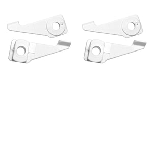 May include: Four white plastic lever-style components. Each component has a circular hole and a curved lever arm. The components are arranged in a square formation against a white background.
