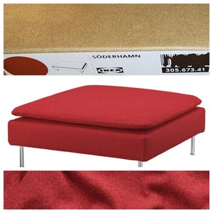 May include: A red square ottoman with a matching cushion. The ottoman has a low profile with silver metal legs. The product name "SÖDERHAMN" is visible on the packaging.