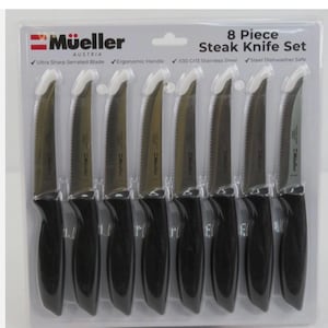 May include: An eight-piece steak knife set by Mueller Austria. The knives have black ergonomic handles and ultra-sharp serrated blades. The packaging includes text indicating the knives are dishwasher safe and made of X30 Cr13 stainless steel.