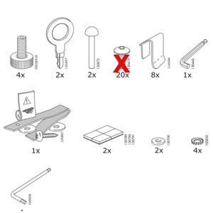 Puede incluir: Un surtido de componentes de ferretería para muebles, que incluyen tornillos, llaves, soportes y arandelas. La imagen muestra varias cantidades de cada artículo, como 4 tornillos, 2 llaves y 8 soportes. Componentes para el montaje de muebles.