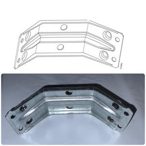May include: A galvanized steel corner bracket with multiple pre-drilled holes for secure fastening. The bracket has a V-shaped design with a reinforced center section. A line drawing of the bracket is shown above the actual bracket.