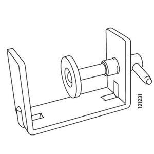 May include: Line drawing of a metal bracket with a cylindrical component and a pin. The bracket has a U-shape with a vertical plate and a horizontal base. The cylindrical component has a circular disc on one end. The number "121231" is printed on the side.