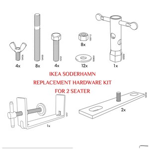 May include: An IKEA SÖDERHAMN replacement hardware kit for a 2-seater sofa, featuring various bolts, nuts, washers, and a specialized tool. The kit includes 4 wing bolts, 8 long bolts, 4 short bolts, 8 nuts, 12 washers, and 2 mounting plates.